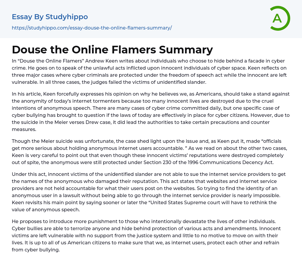 Douse the Online Flamers Summary Essay Example