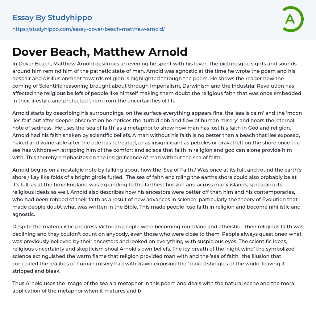 Dover Beach, Matthew Arnold Essay Example