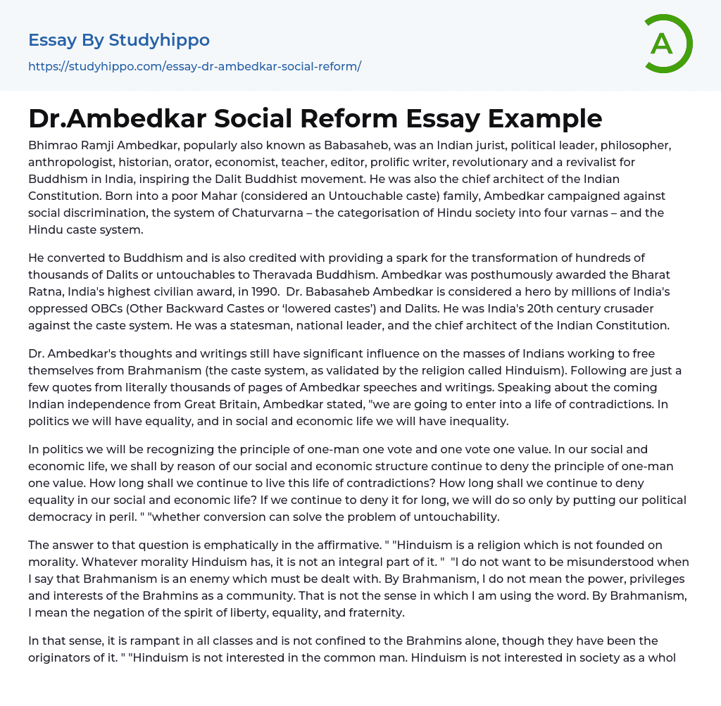 Dr.Ambedkar Social Reform Essay Example