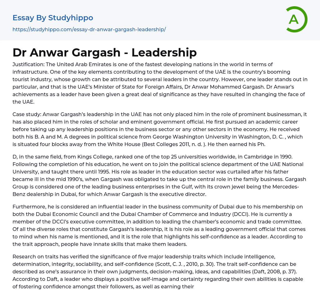 Dr Anwar Gargash – Leadership Essay Example