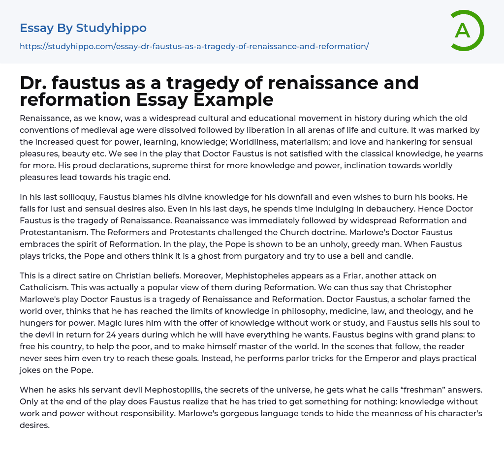 Dr. faustus as a tragedy of renaissance and reformation Essay Example
