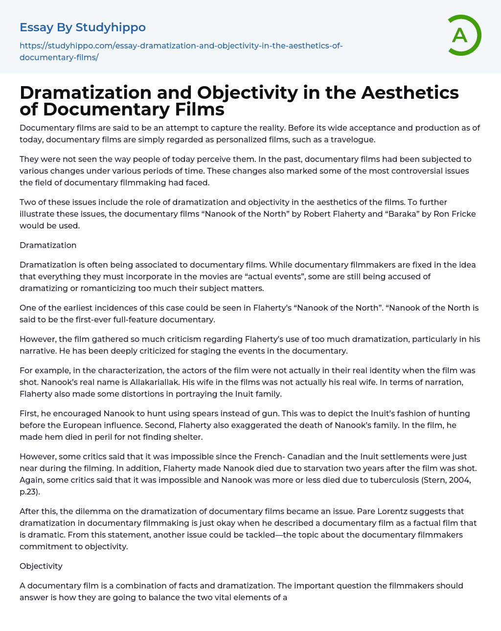 Dramatization and Objectivity in the Aesthetics of Documentary Films Essay Example