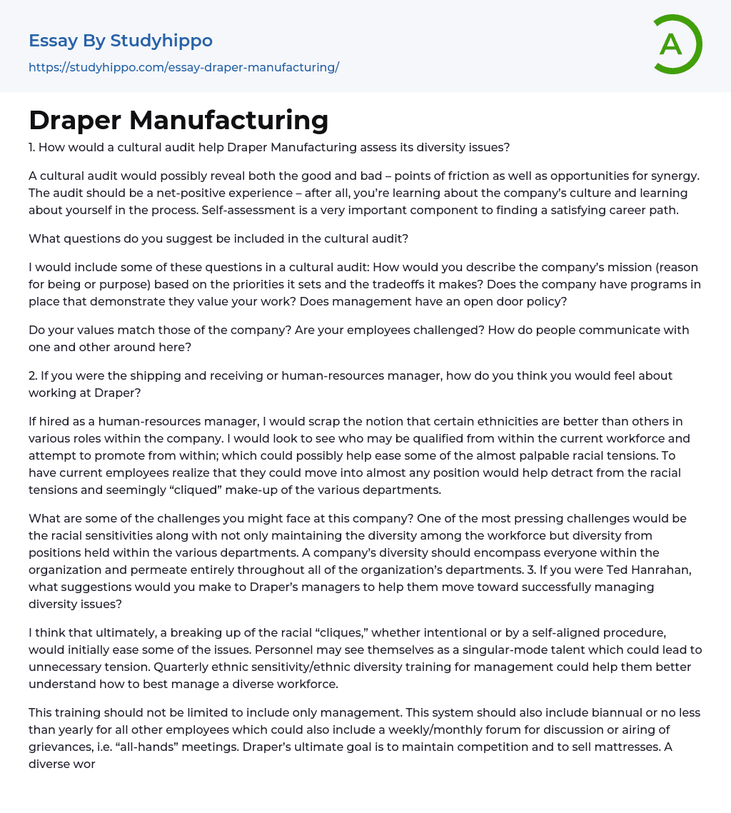 Draper Manufacturing Essay Example