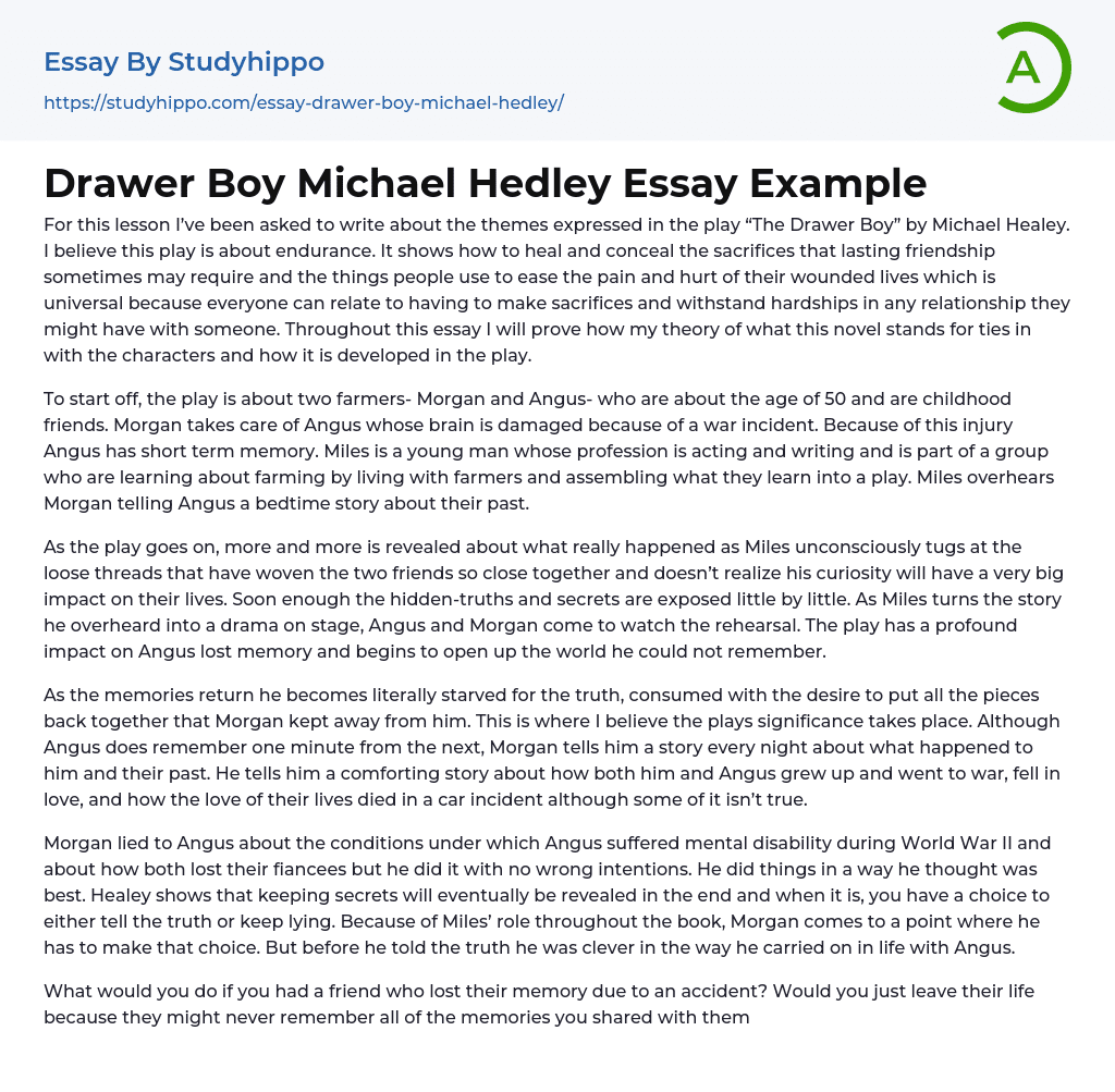 Drawer Boy Michael Hedley Essay Example
