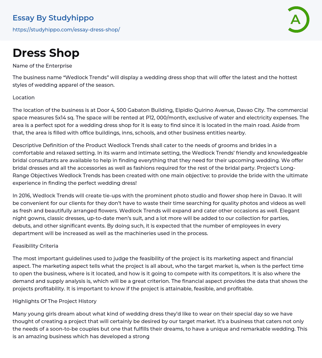 Dress Shop Essay Example