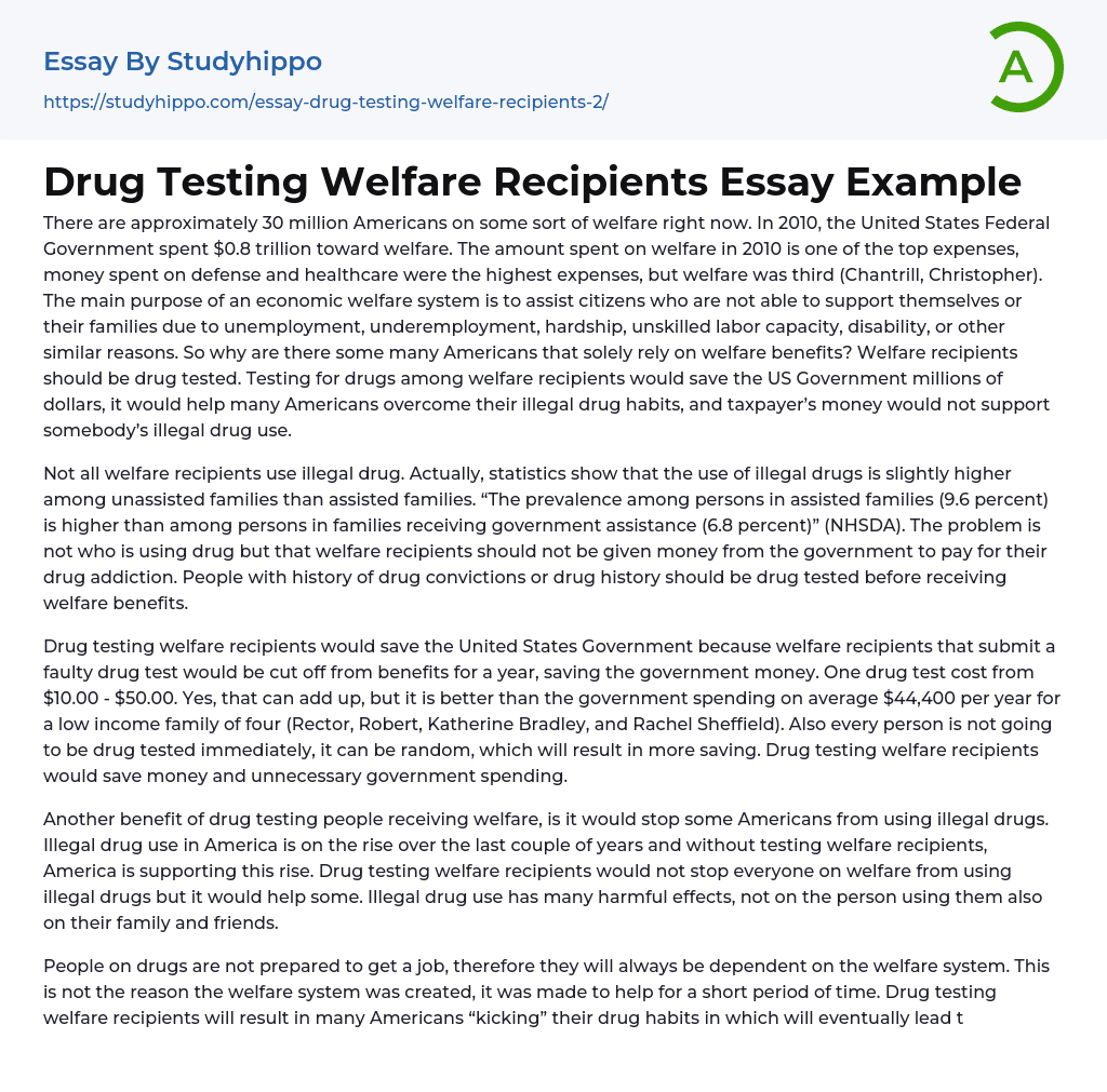 Drug Testing Welfare Recipients Essay Example