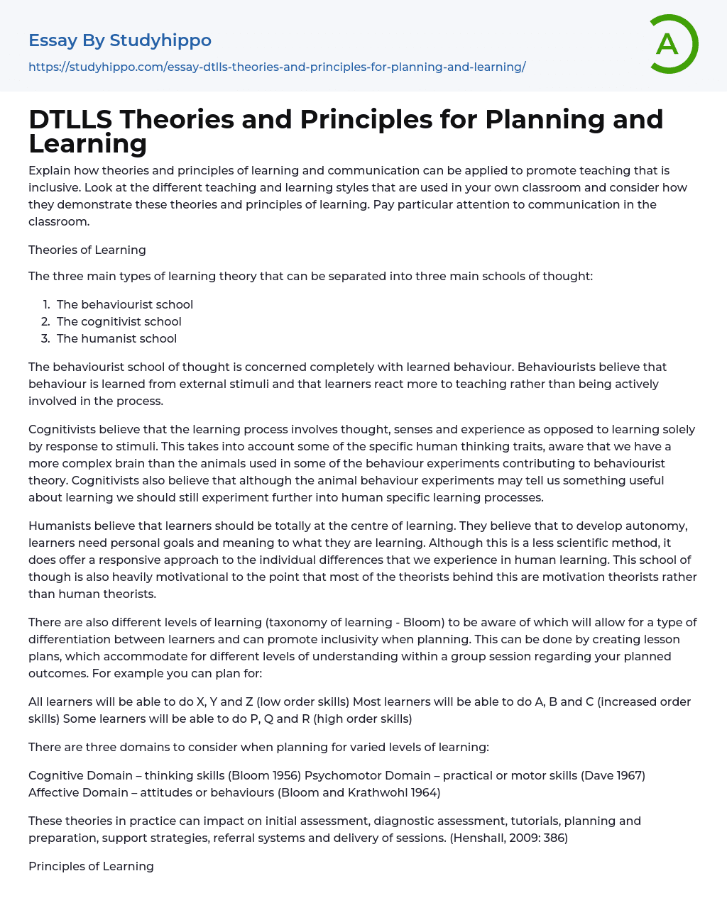 DTLLS Theories and Principles for Planning and Learning Essay Example