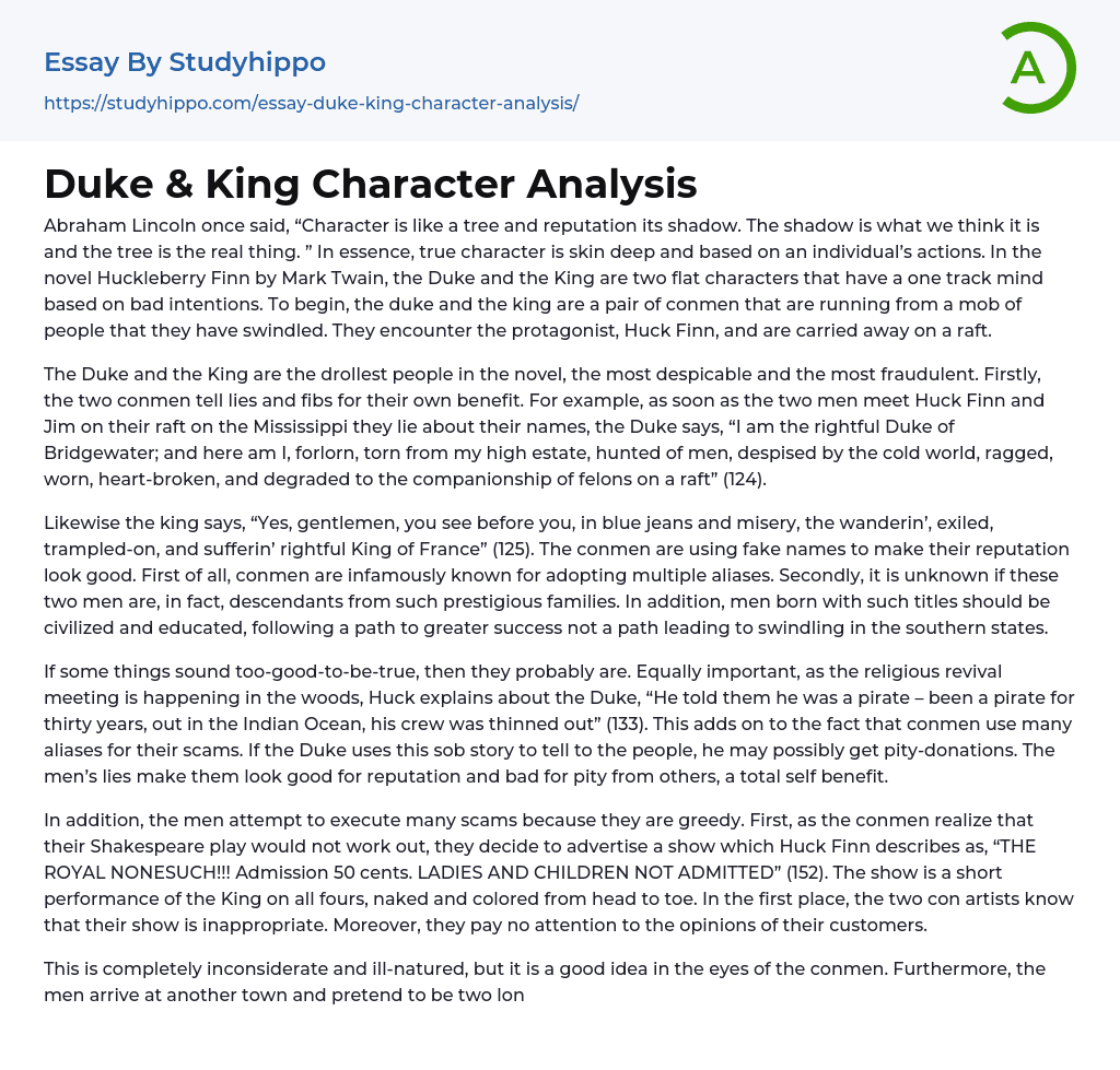 Duke & King Character Analysis Essay Example