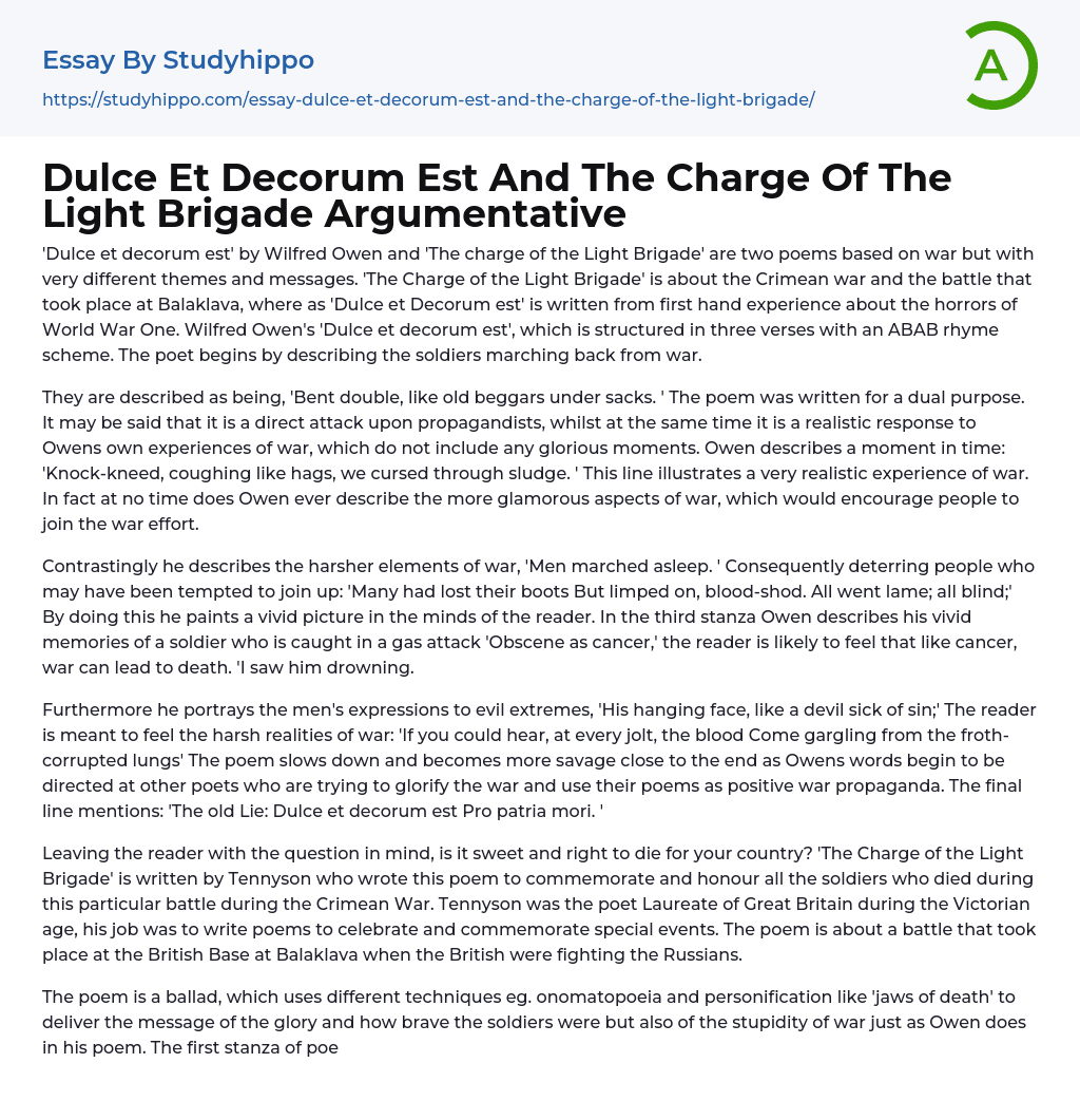 Dulce Et Decorum Est And The Charge Of The Light Brigade Argumentative Essay Example