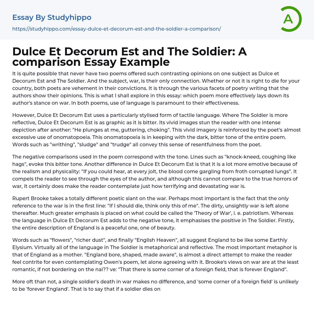 Dulce Et Decorum Est and The Soldier: A comparison Essay Example