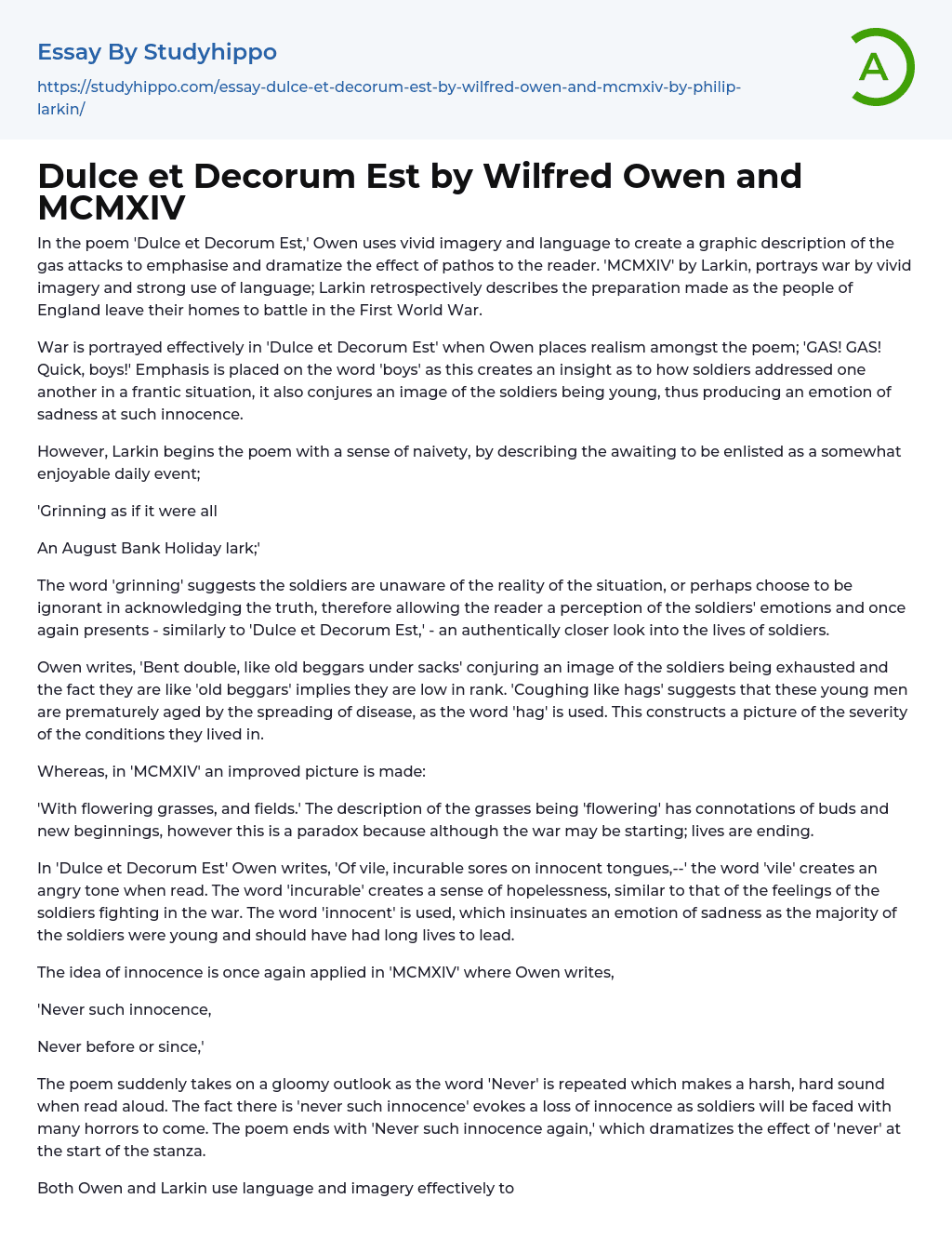 Dulce et Decorum Est by Wilfred Owen and MCMXIV Essay Example