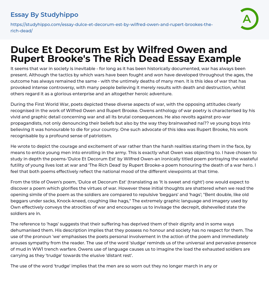 Dulce Et Decorum Est by Wilfred Owen and Rupert Brooke’s The Rich Dead Essay Example
