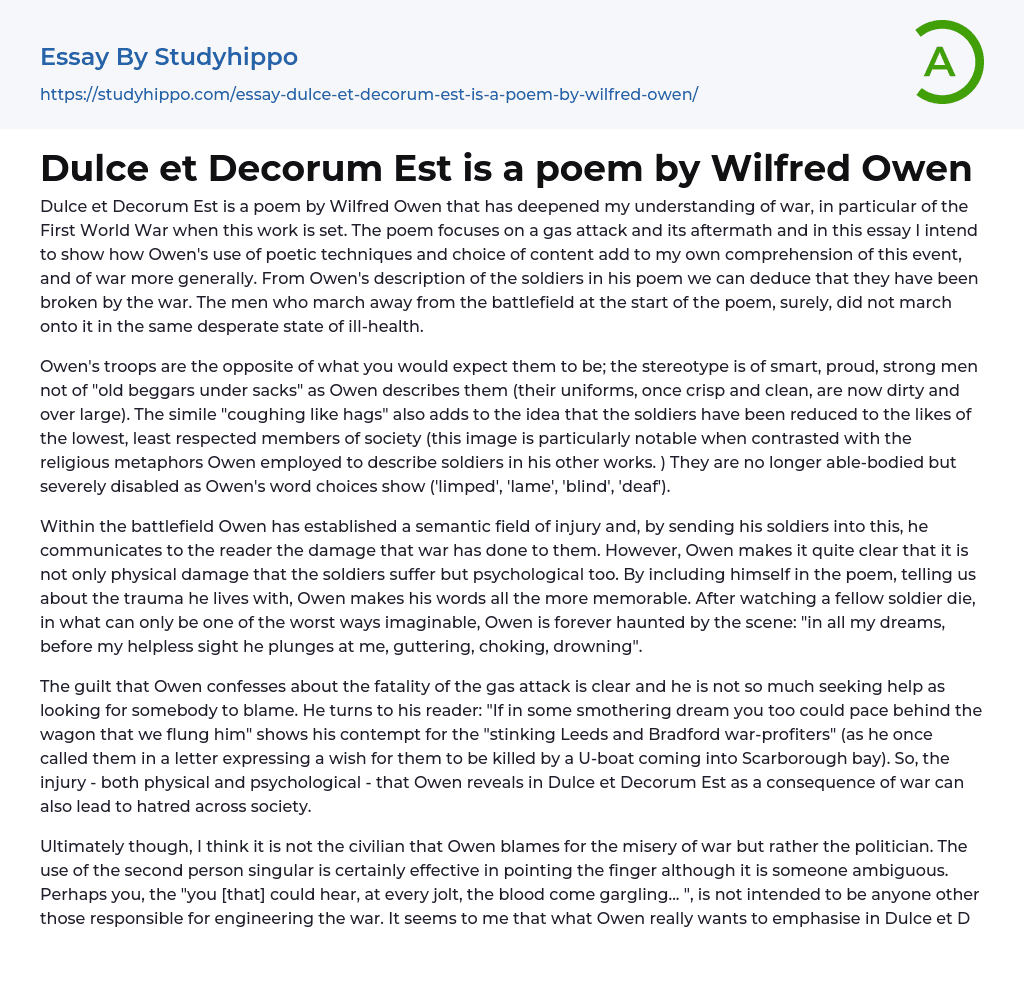 Dulce et Decorum Est is a poem by Wilfred Owen Essay Example