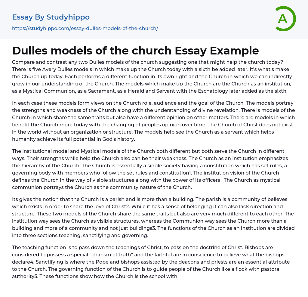 Dulles models of the church Essay Example