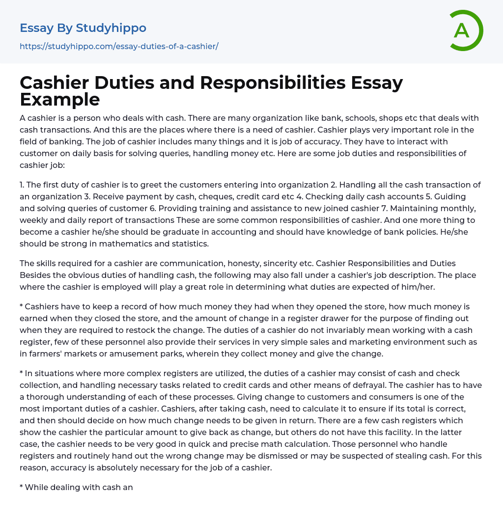 Cashier Duties and Responsibilities Essay Example