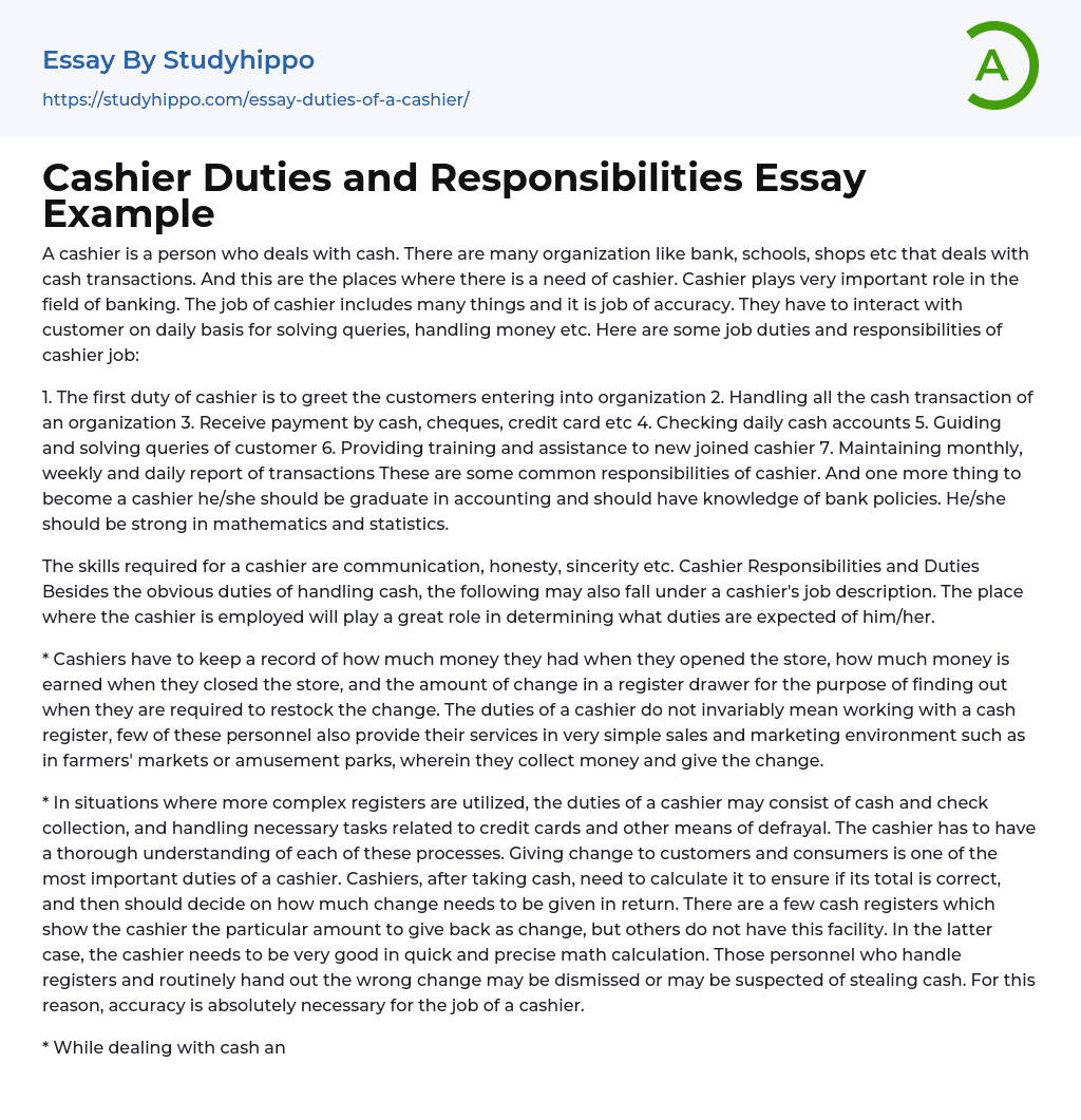 Cashier Duties And Responsibilities Essay Example StudyHippo