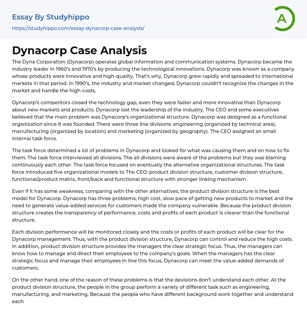 Dynacorp Case Analysis Essay Example