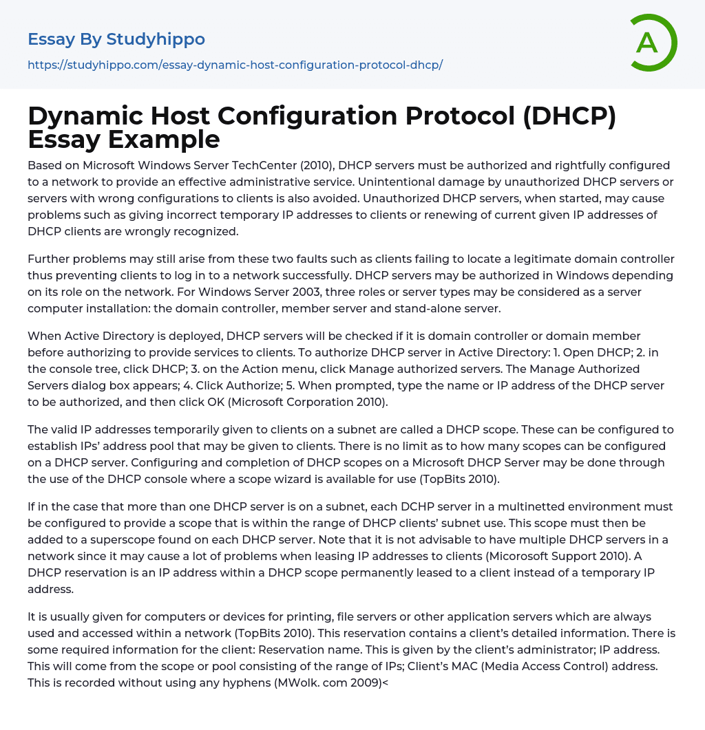 Dynamic Host Configuration Protocol (DHCP) Essay Example