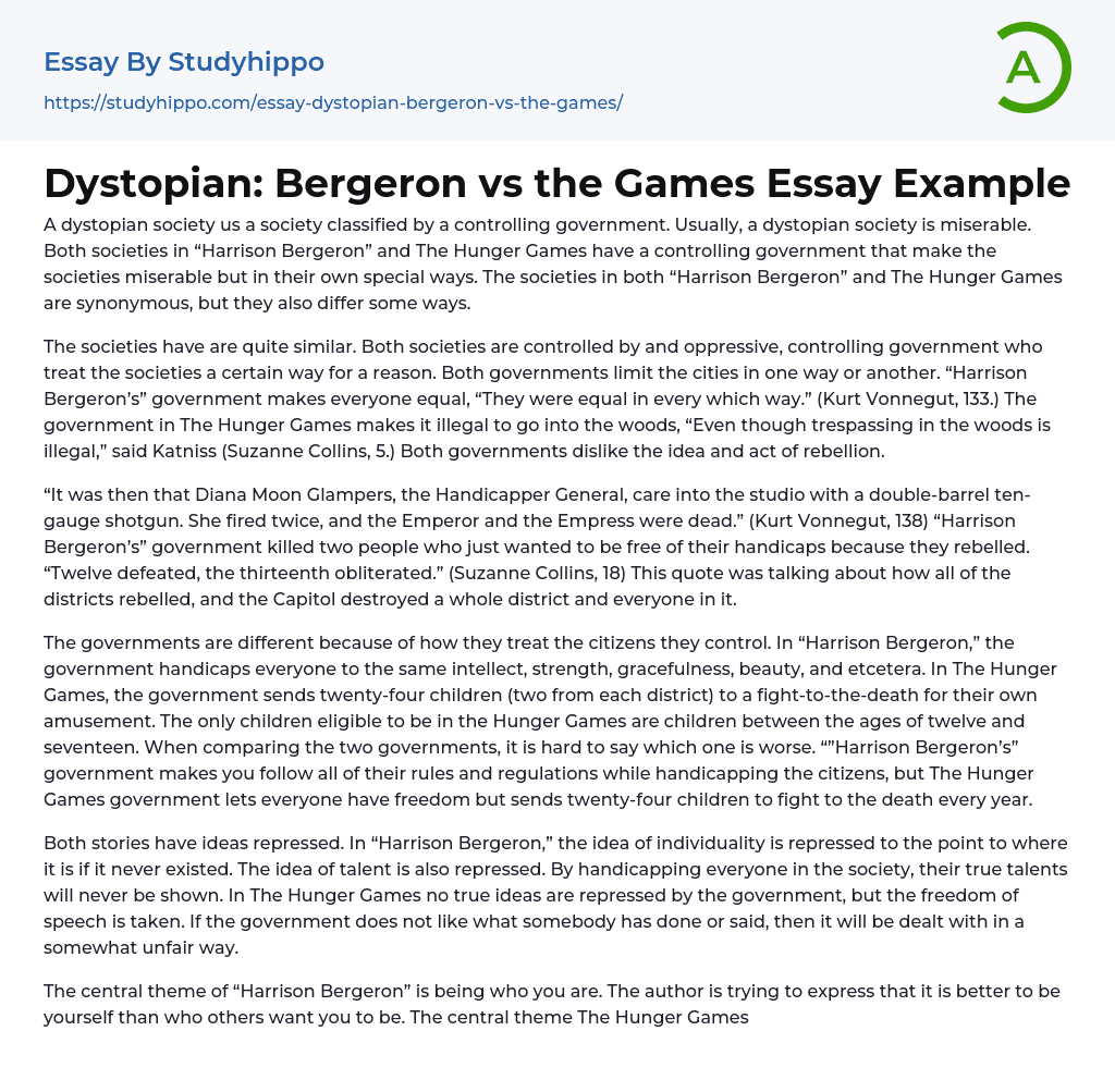 Dystopian: Bergeron vs the Games Essay Example