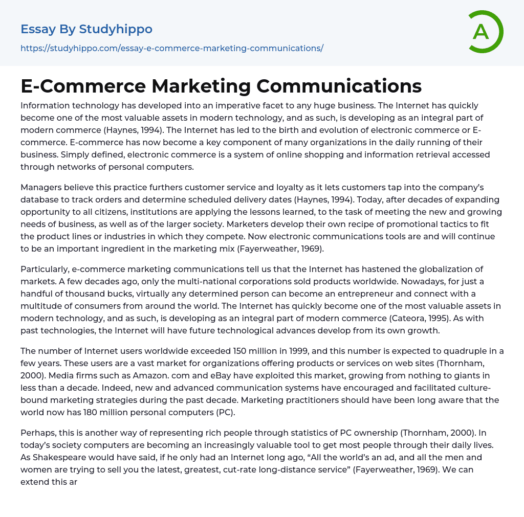 E-Commerce Marketing Communications Essay Example