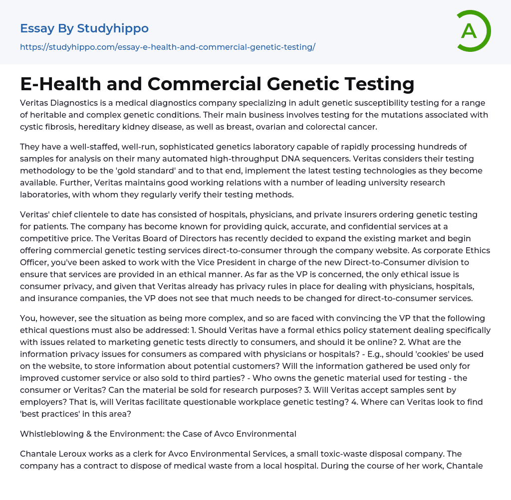E-Health and Commercial Genetic Testing Essay Example