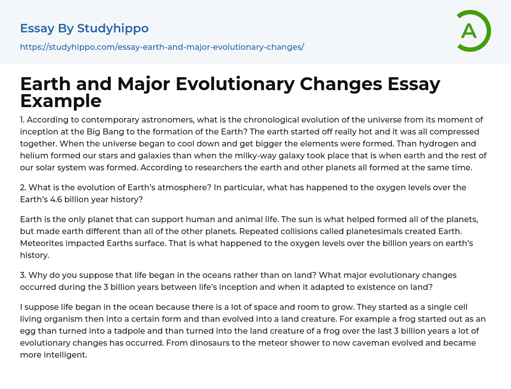 Earth and Major Evolutionary Changes Essay Example