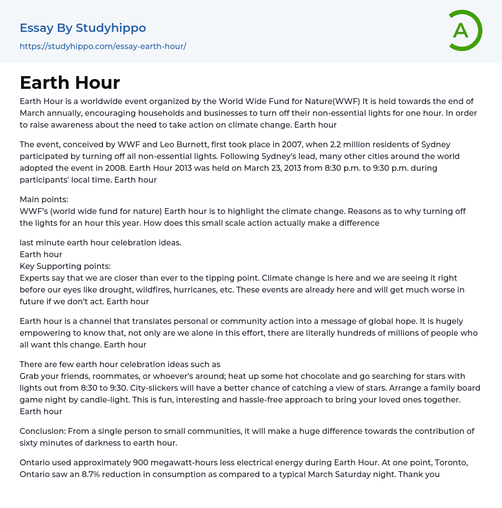 World Wide Fund for Nature: Earth Hour Essay Example