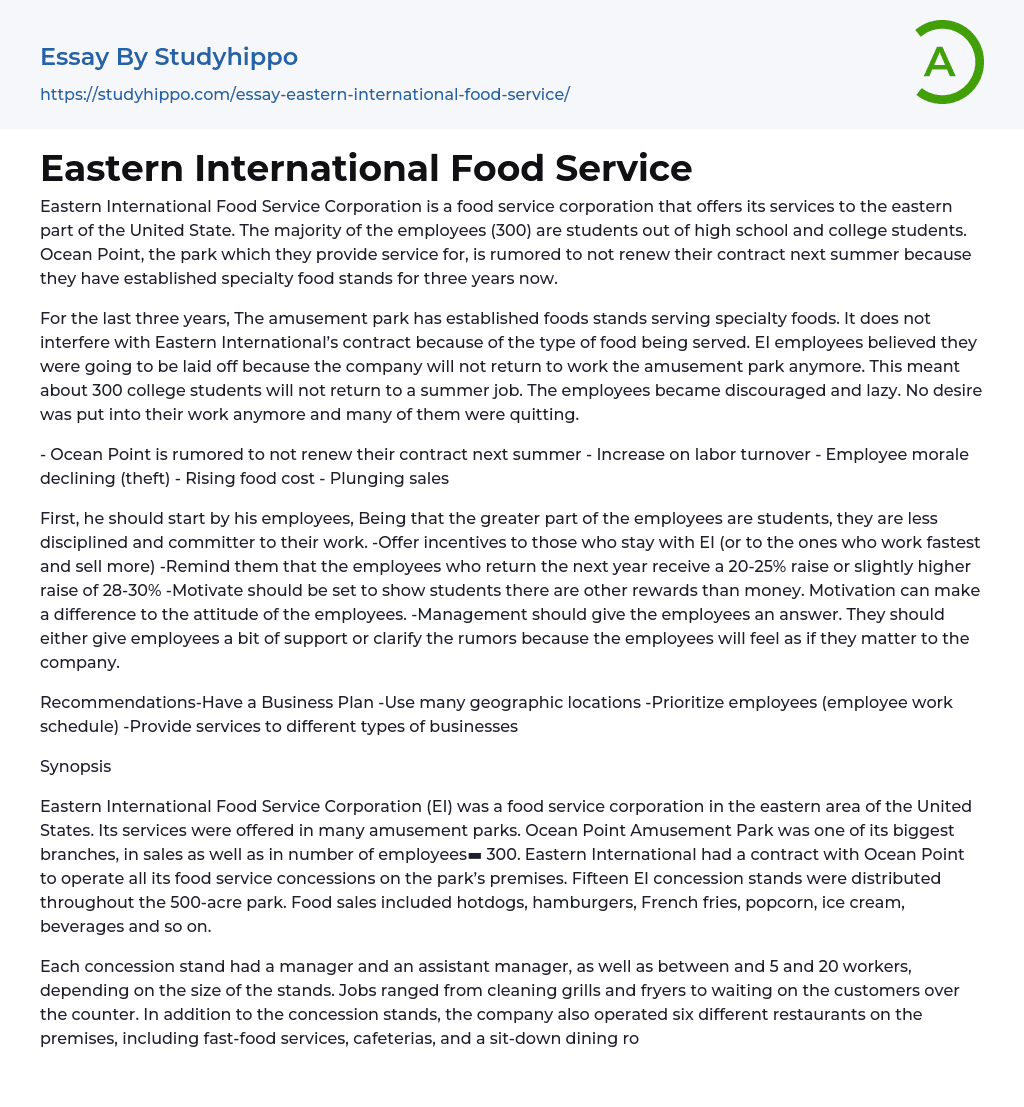 Eastern International Food Service Essay Example