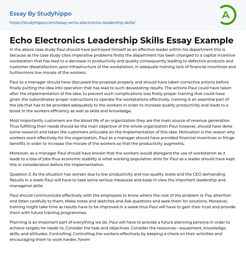 Echo Electronics Leadership Skills Essay Example