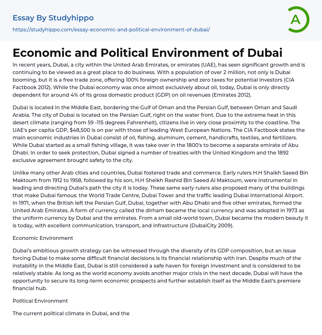 Economic and Political Environment of Dubai Essay Example