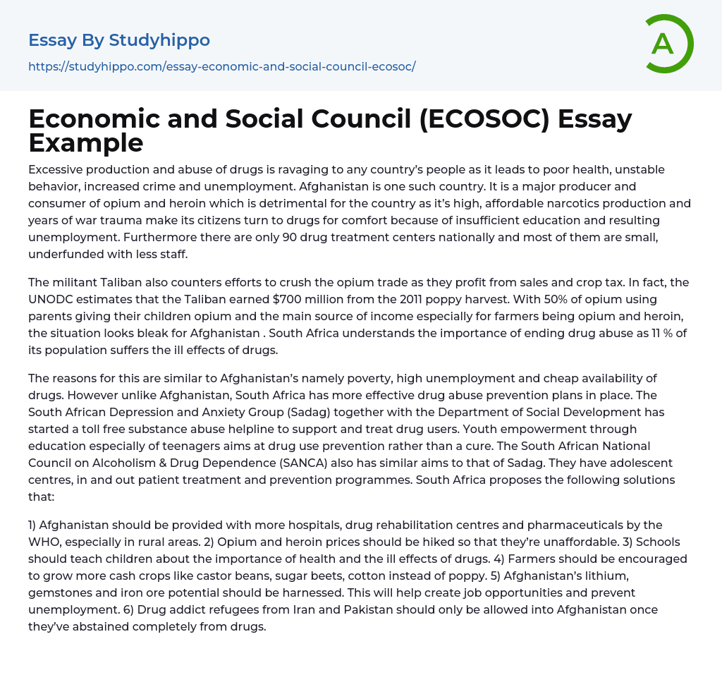 Economic and Social Council (ECOSOC) Essay Example