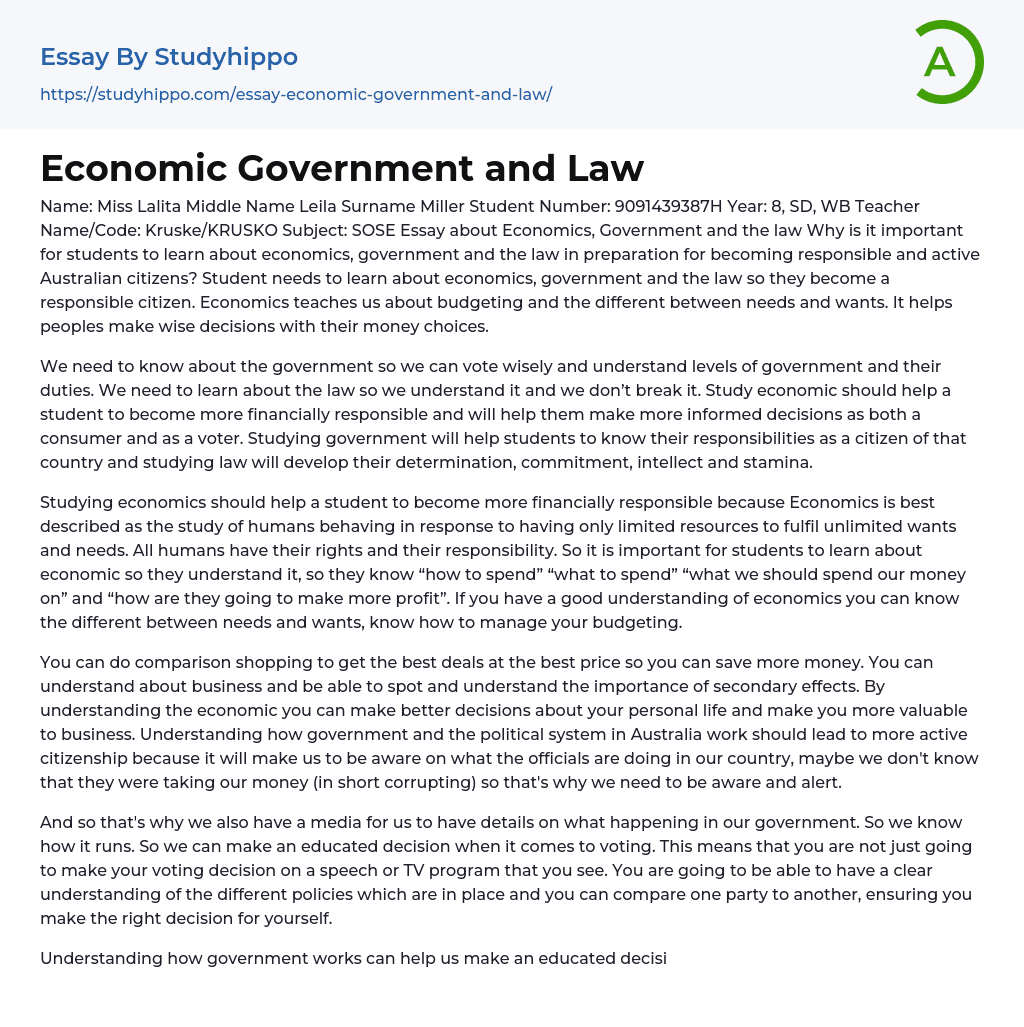 Economics, Government and the Law Essay Example
