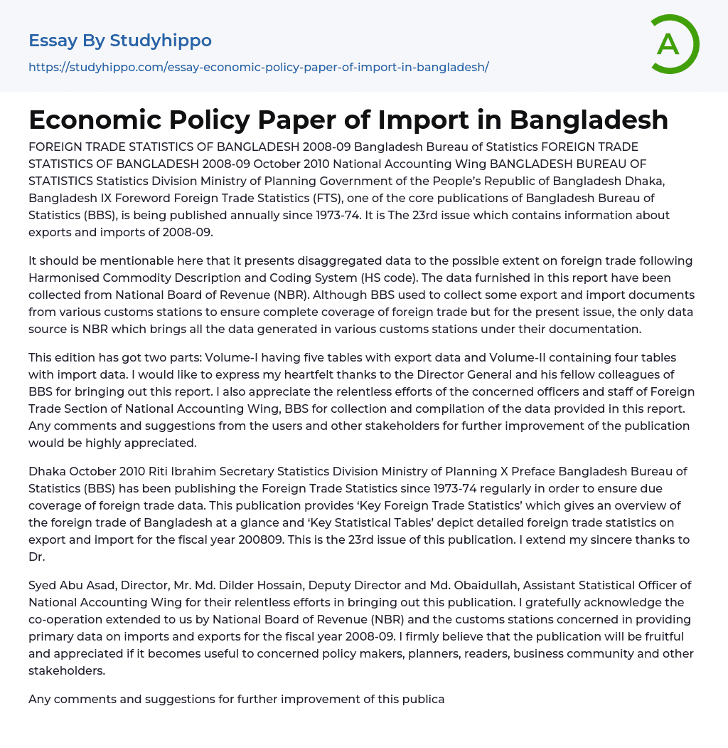 Economic Policy Paper of Import in Bangladesh Essay Example