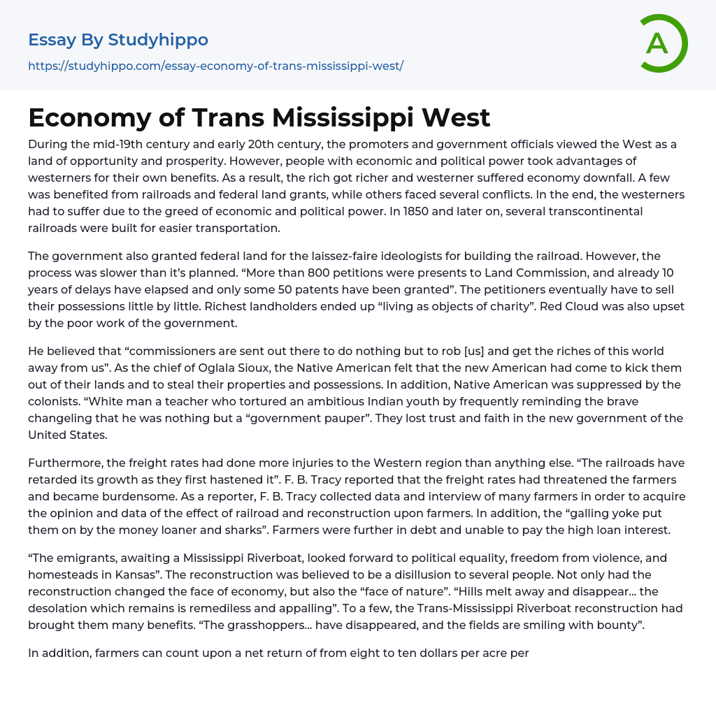 Economy of Trans Mississippi West Essay Example