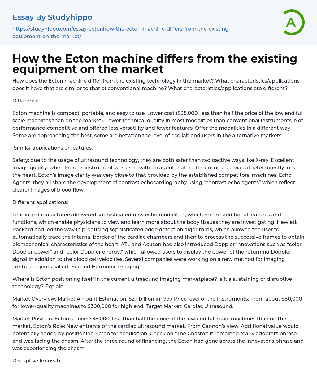 How the Ecton machine differs from the existing equipment on the market Essay Example