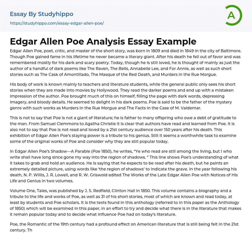 Edgar Allen Poe Analysis Essay Example