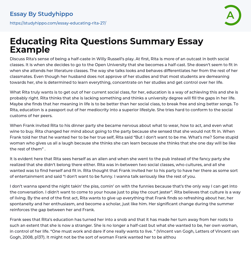 Educating Rita Questions Summary Essay Example