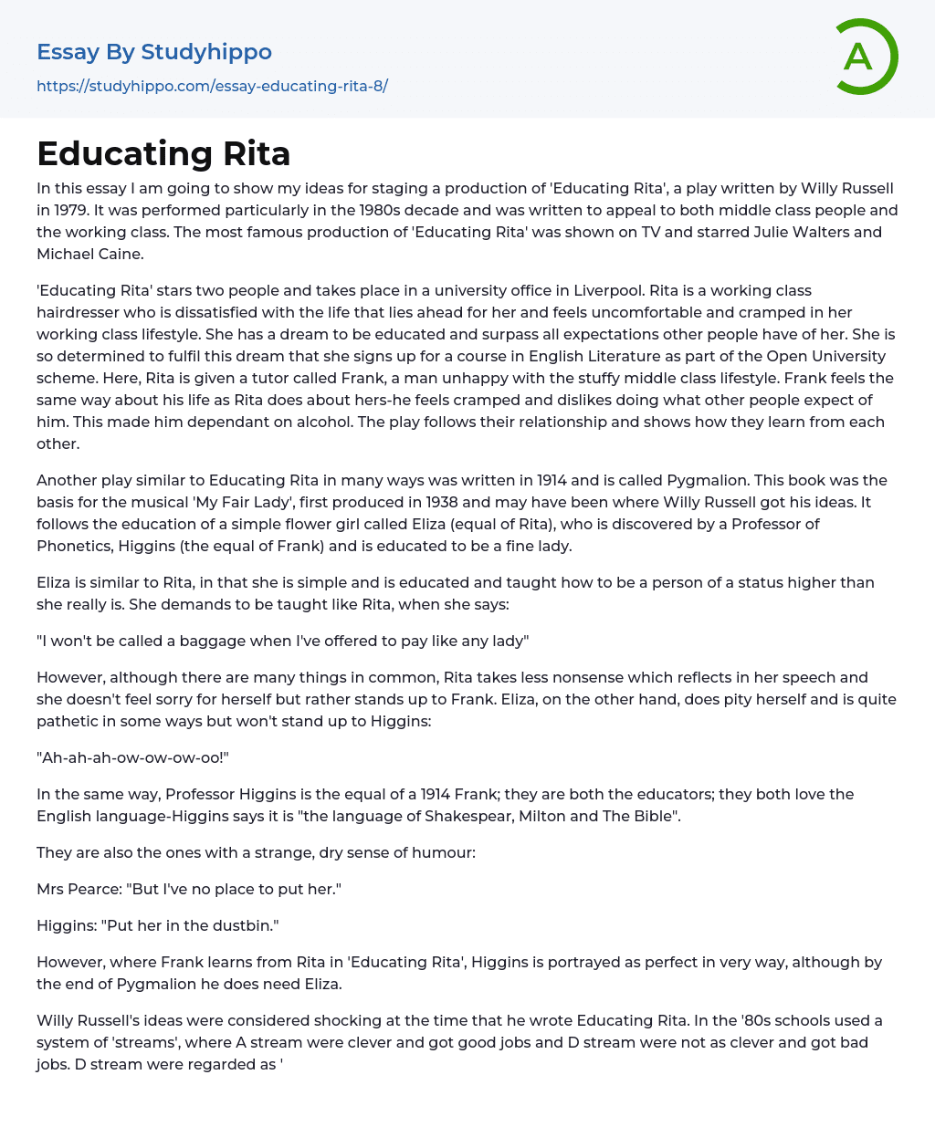 Educating Rita Essay Example