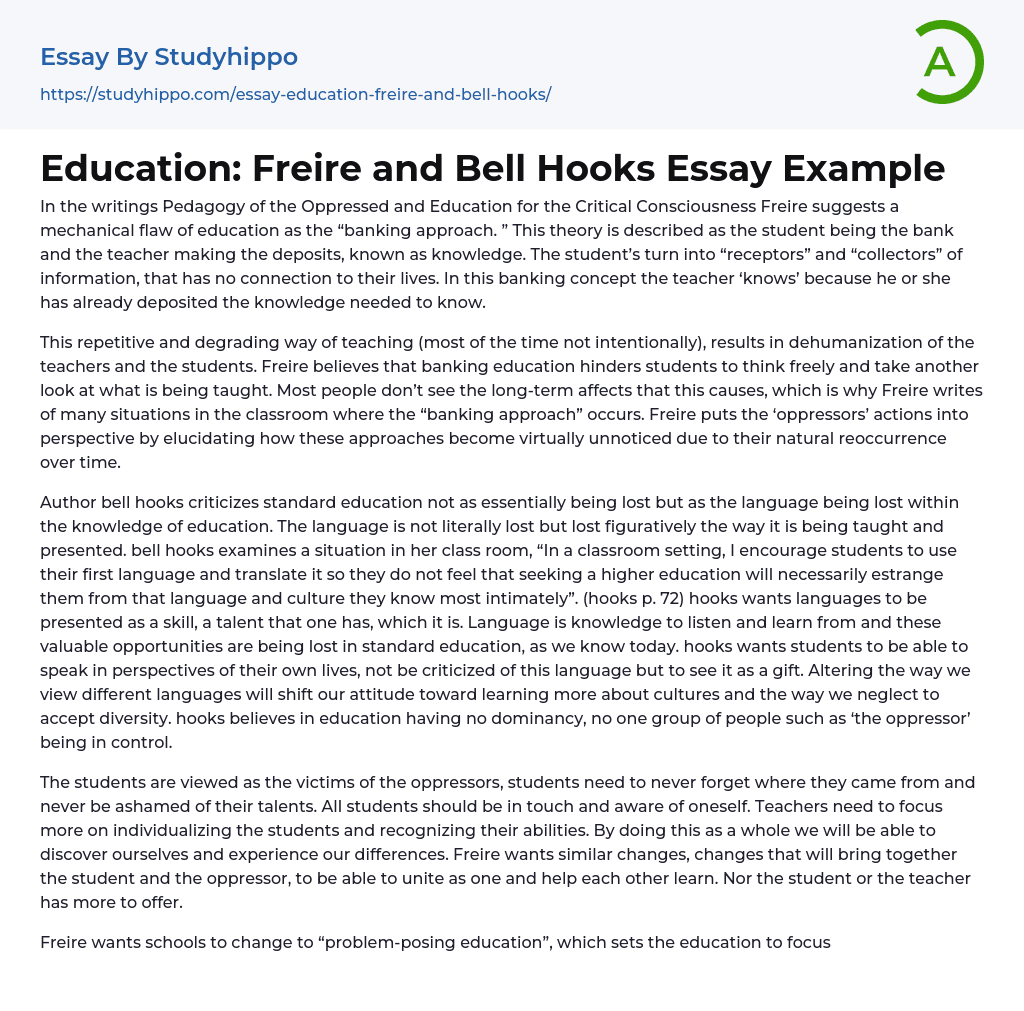 Education: Freire and Bell Hooks Essay Example