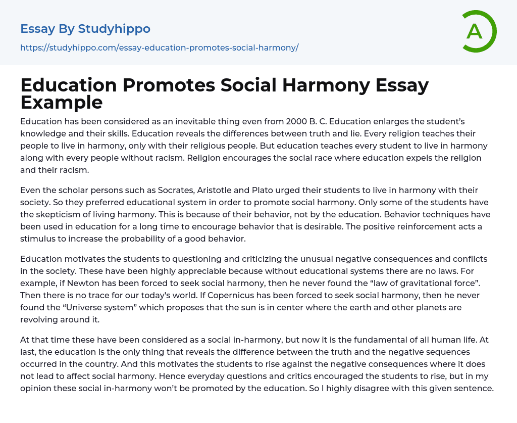 Education Promotes Social Harmony Essay Example