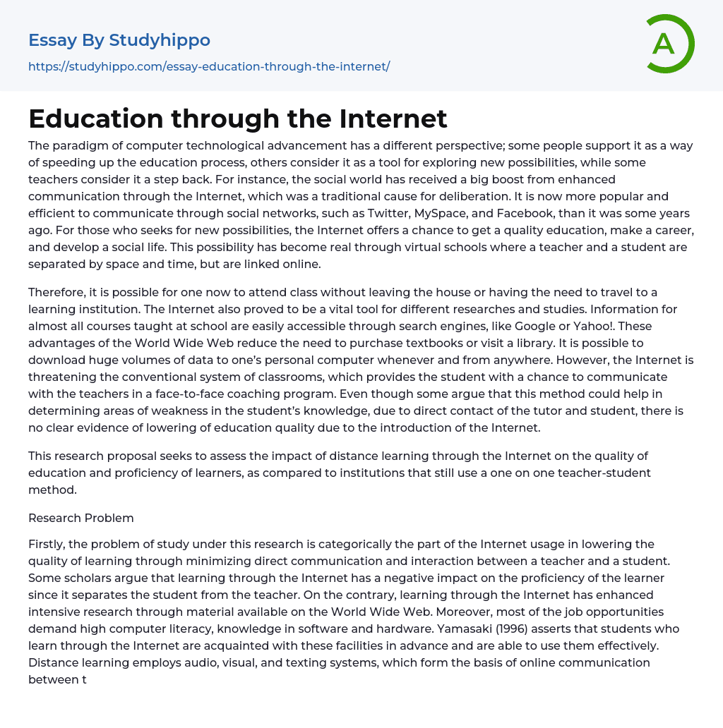 Education through the Internet Essay Example
