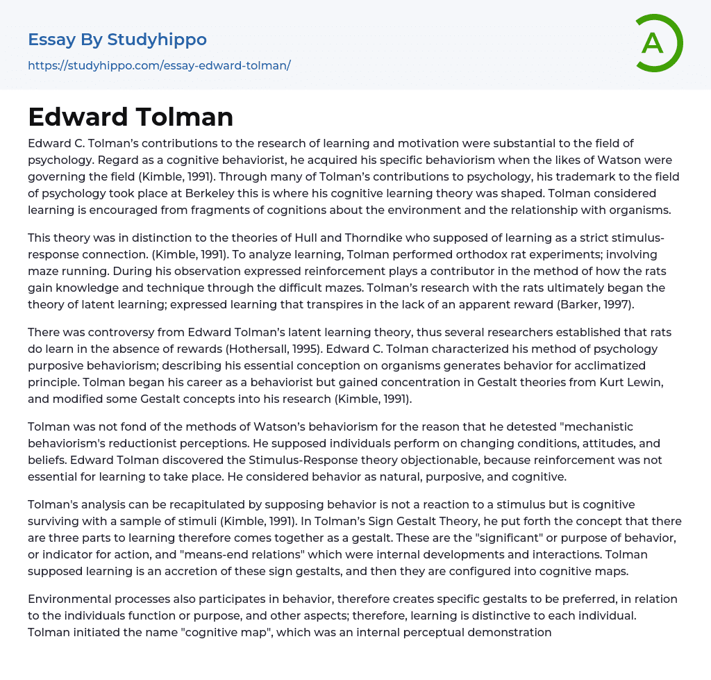 Edward Tolman Essay Example