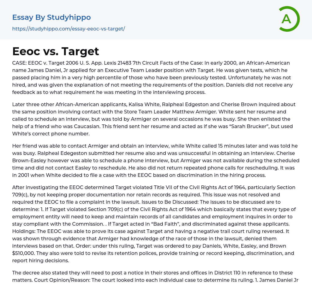 Eeoc vs. Target Essay Example