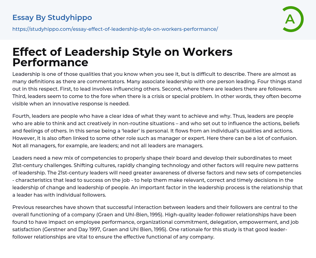 Effect of Leadership Style on Workers Performance Essay Example