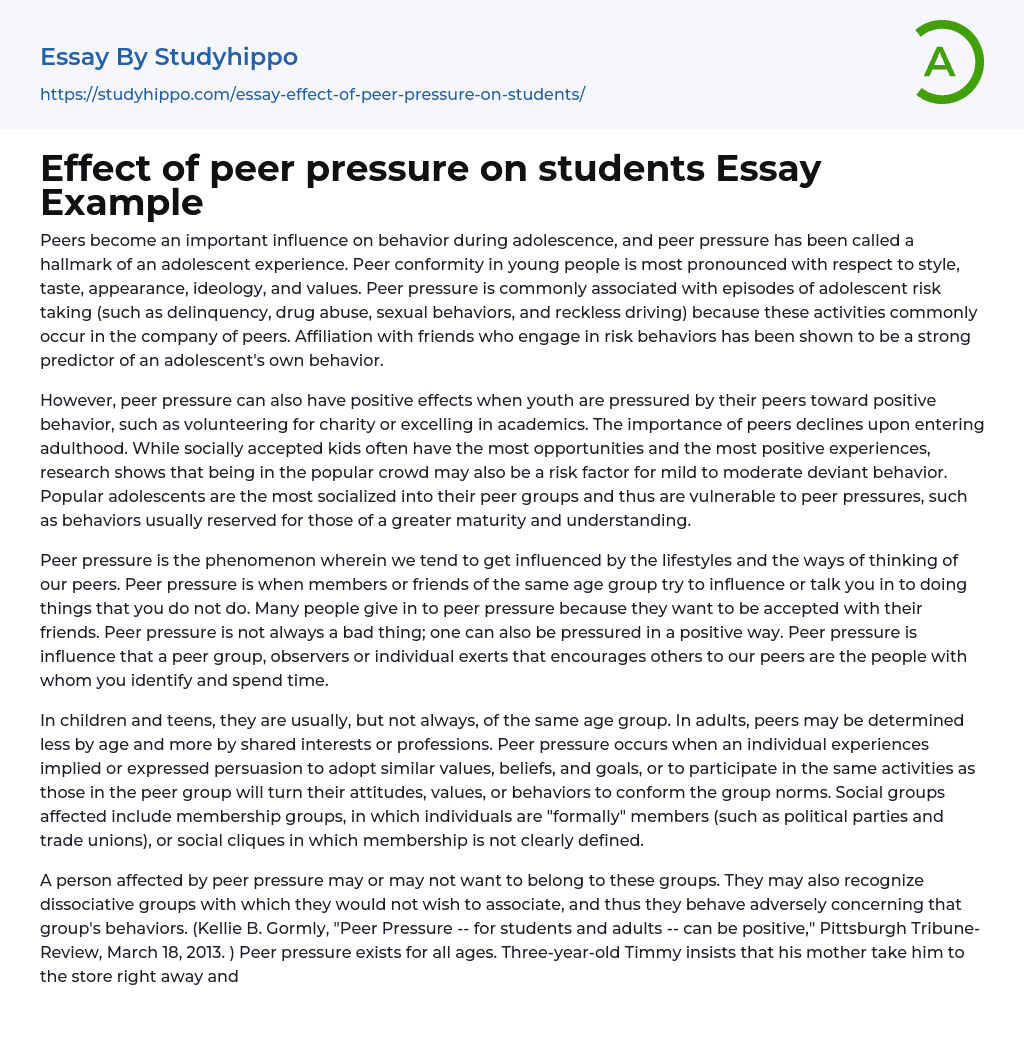 peer pressure and its effects essay