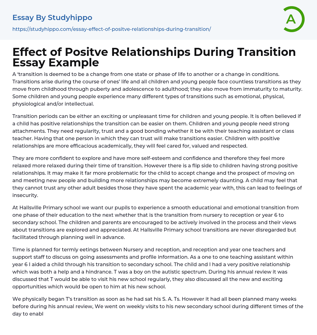 Effect of Positve Relationships During Transition Essay Example