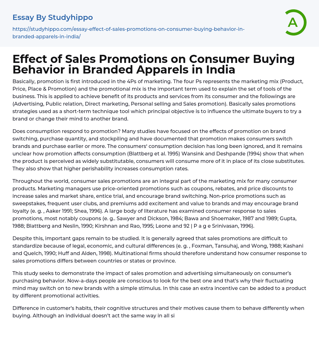 Effect of Sales Promotions on Consumer Buying Behavior in Branded Apparels in India Essay Example