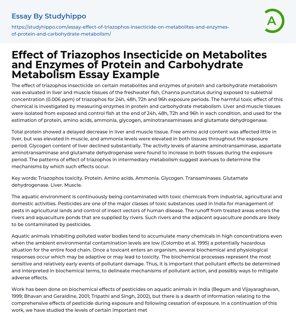 Toxic Effects of Triazophos on Metabolism in Fish.