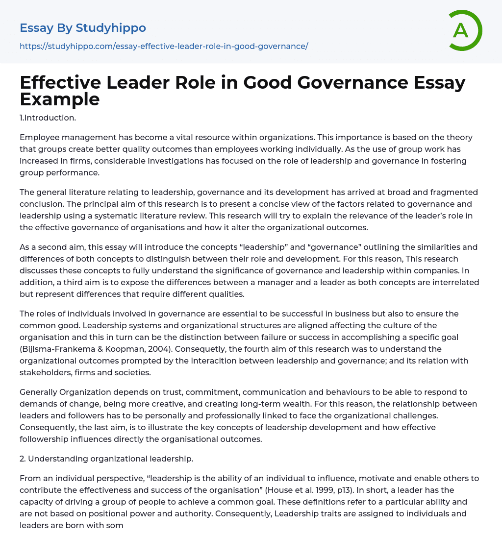 Effective Leader Role in Good Governance Essay Example