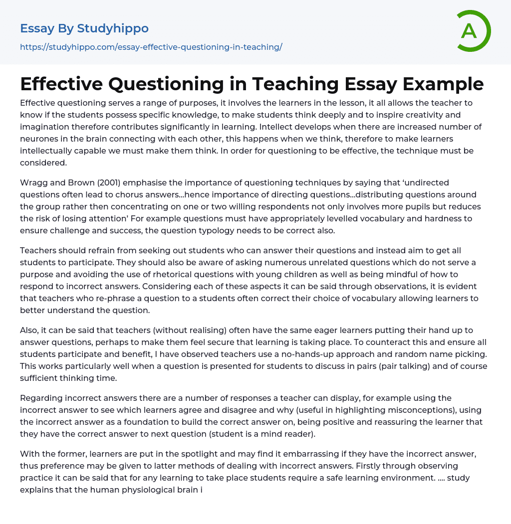 Effective Questioning in Teaching Essay Example